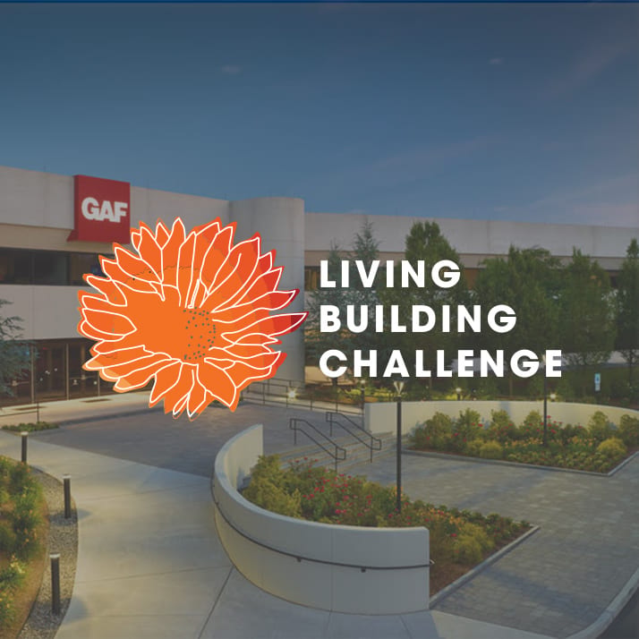 GAF Building overlaid with a logo for Living Building Challenge.