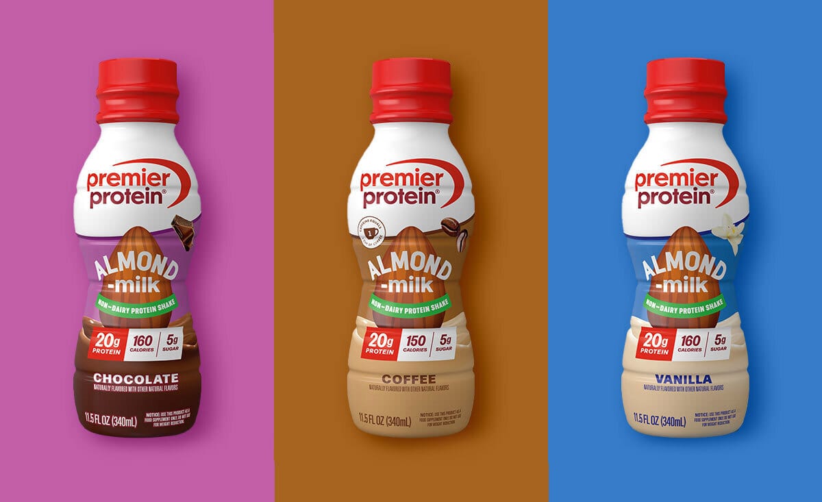 Three Premier Protein Almond Milk shakes (Chocolate, Coffee, Vanilla) on colorful backgrounds.