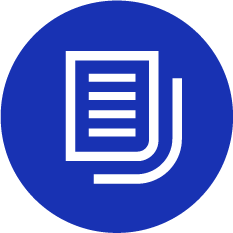 White icon of stacked documents with text on a blue circle.