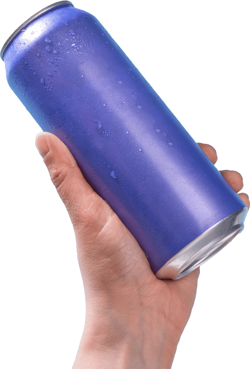 Hand holding a purple can with condensation.