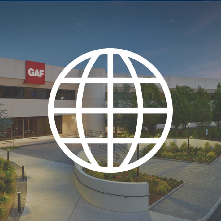 GAF Building with an overlaid globe icon.