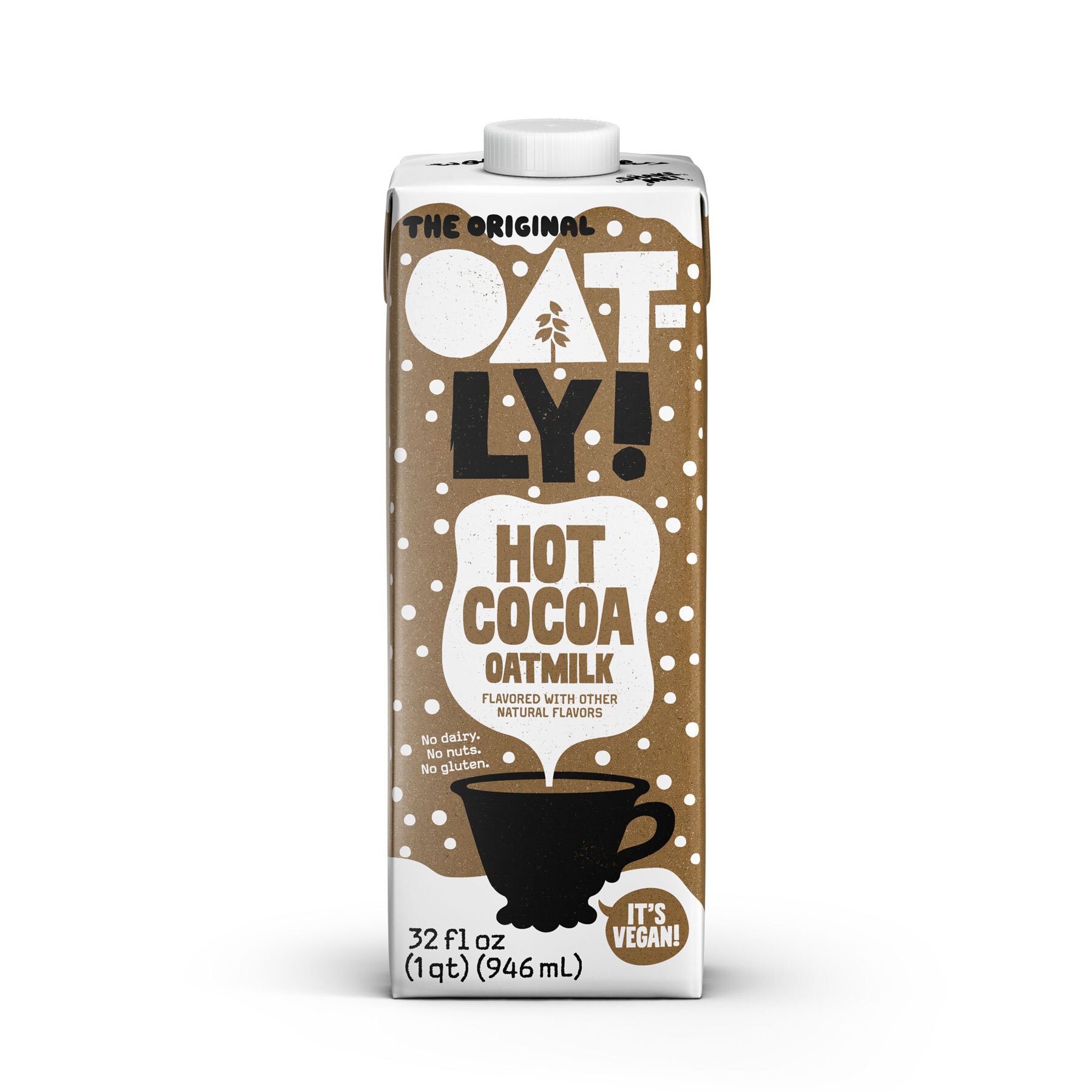 Oatly Hot Cocoa Oatmilk carton, 32oz. Brown, white snow/cup. Vegan, no dairy/nuts/gluten.