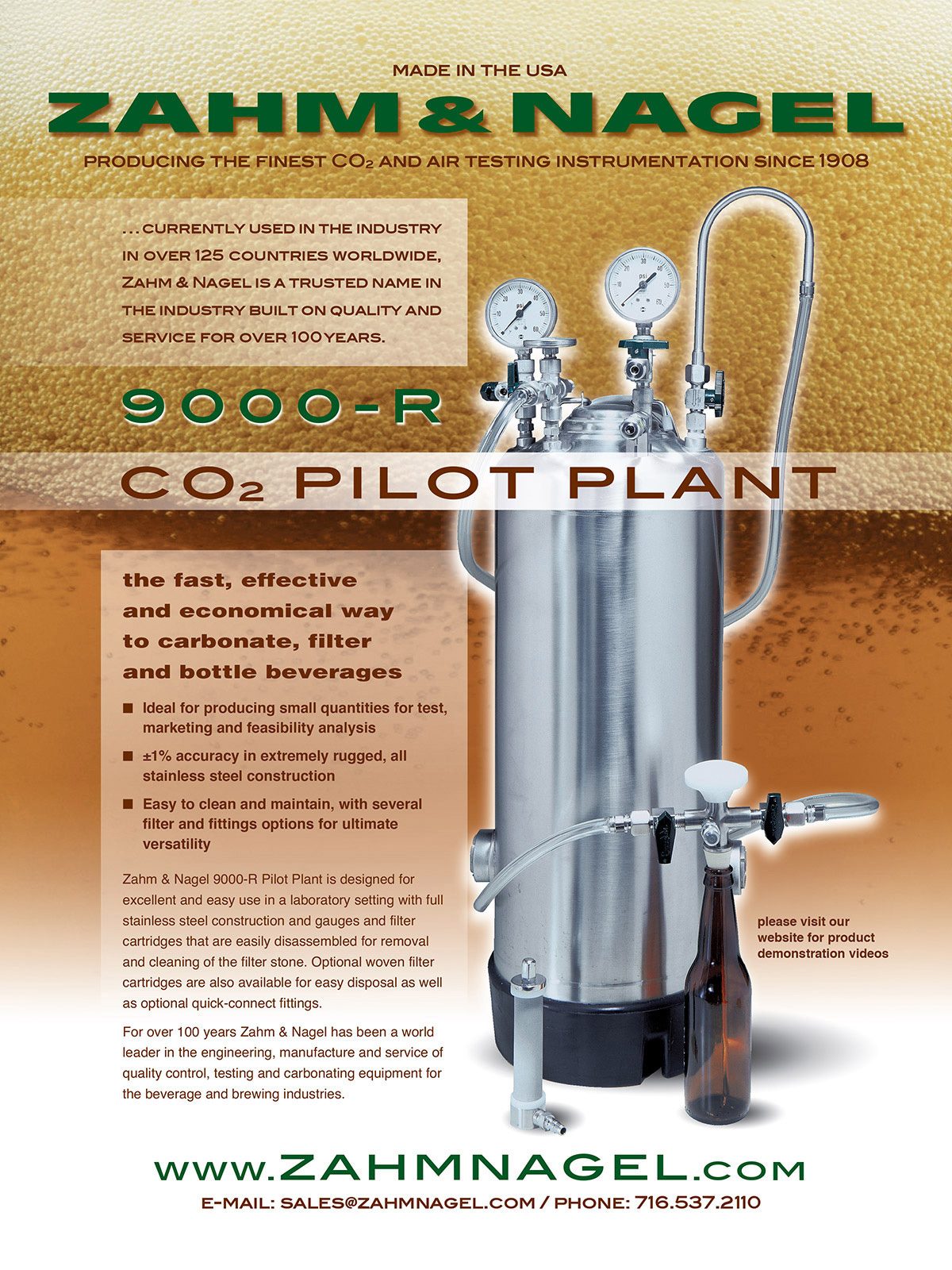 Zahm & Nagel 9000-R CO2 Pilot Plant for carbonating, filtering, and bottling beverages in labs.