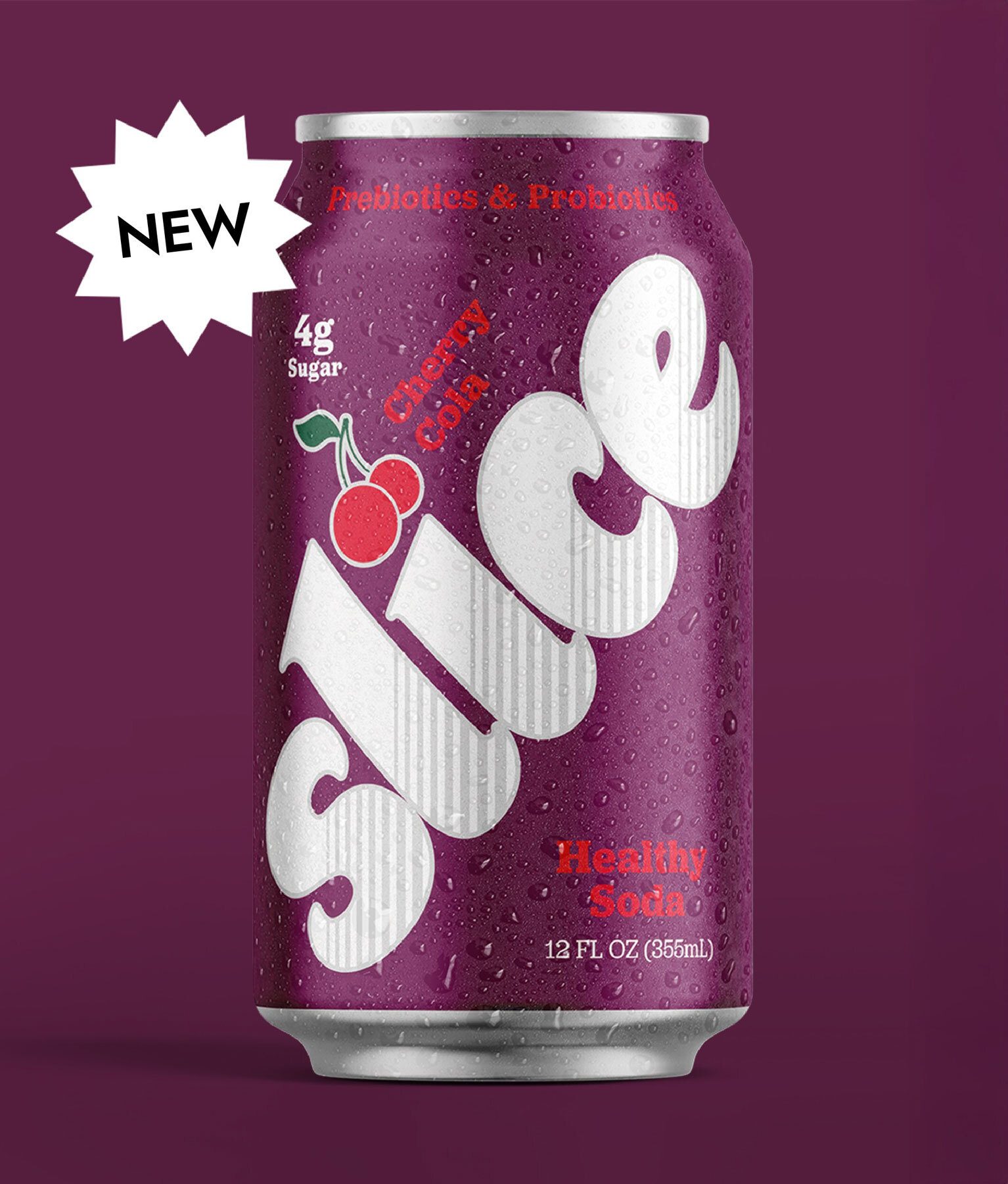 Purple soda can with water droplets, 'Slice' logo, 'NEW' burst, and 'Cherry Cola'.