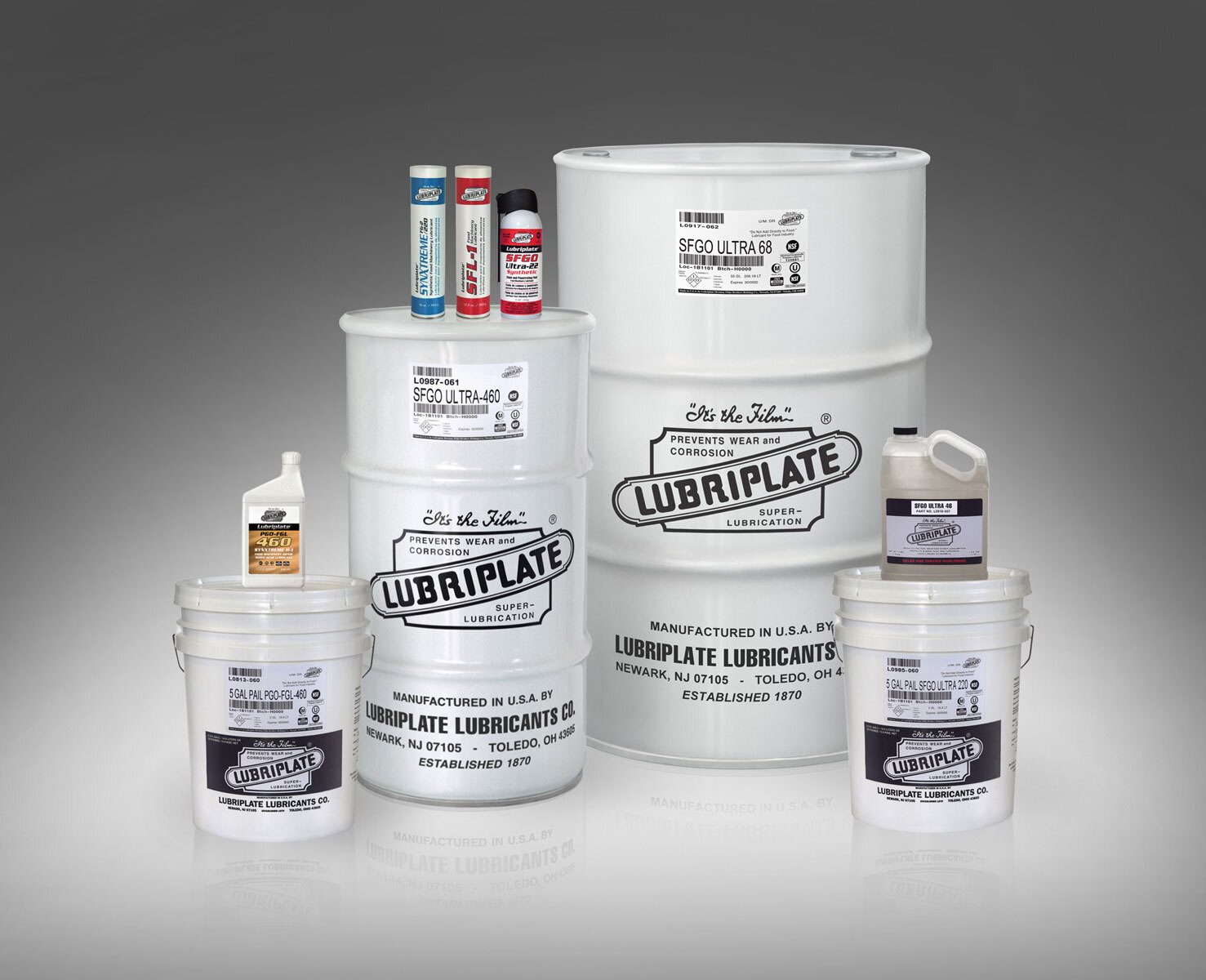 White Lubriplate lubricants in various containers, including drums, pails, bottles, and tubes.