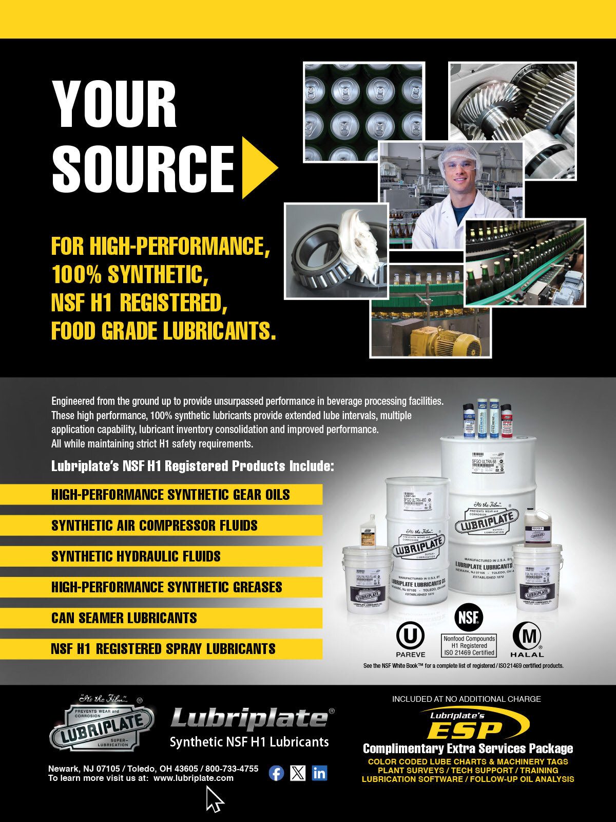 Ad for Lubriplate synthetic NSF H1 food-grade lubricants for high-performance beverage processing.