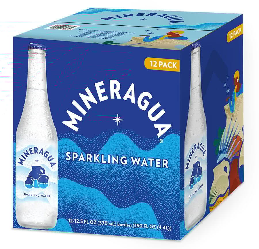 Mineragua Sparkling Water 12-pack box with two bottles displayed.