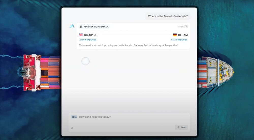 Digital interface tracking "Maersk Guatemala" ship status, ETD/ETA, port calls, and a chatbot.