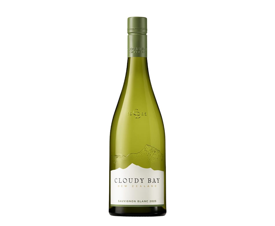 A single bottle of Cloudy Bay Sauvignon Blanc 2025 wine on a white background.