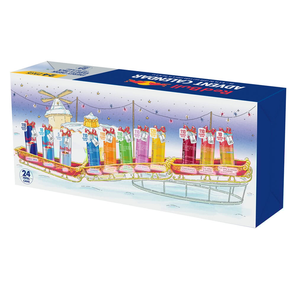 Red Bull Advent Calendar box with 24 assorted cans, depicted on a festive sleigh graphic.