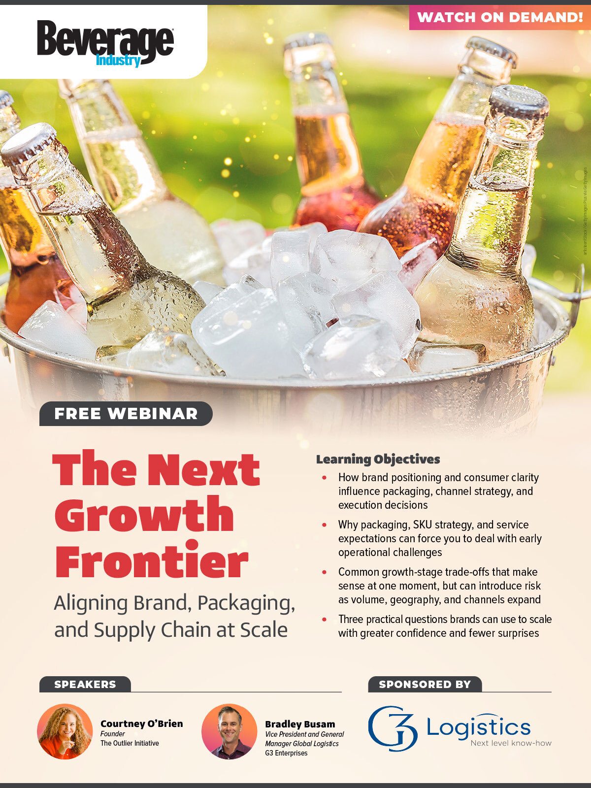 Advertisement for a Beverage Industry webinar on 'The Next Growth Frontier' with bottles in ice and speaker details.