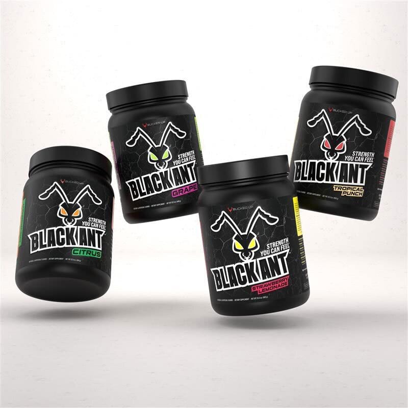 Four Bucked Up BLACK ANT pre-workout containers, various flavors.