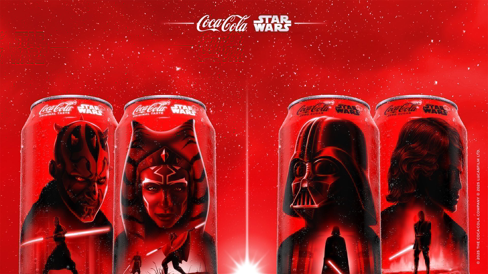 Four red Coca-Cola Star Wars cans featuring Darth Maul, Ahsoka, Darth Vader, and Anakin Skywalker.