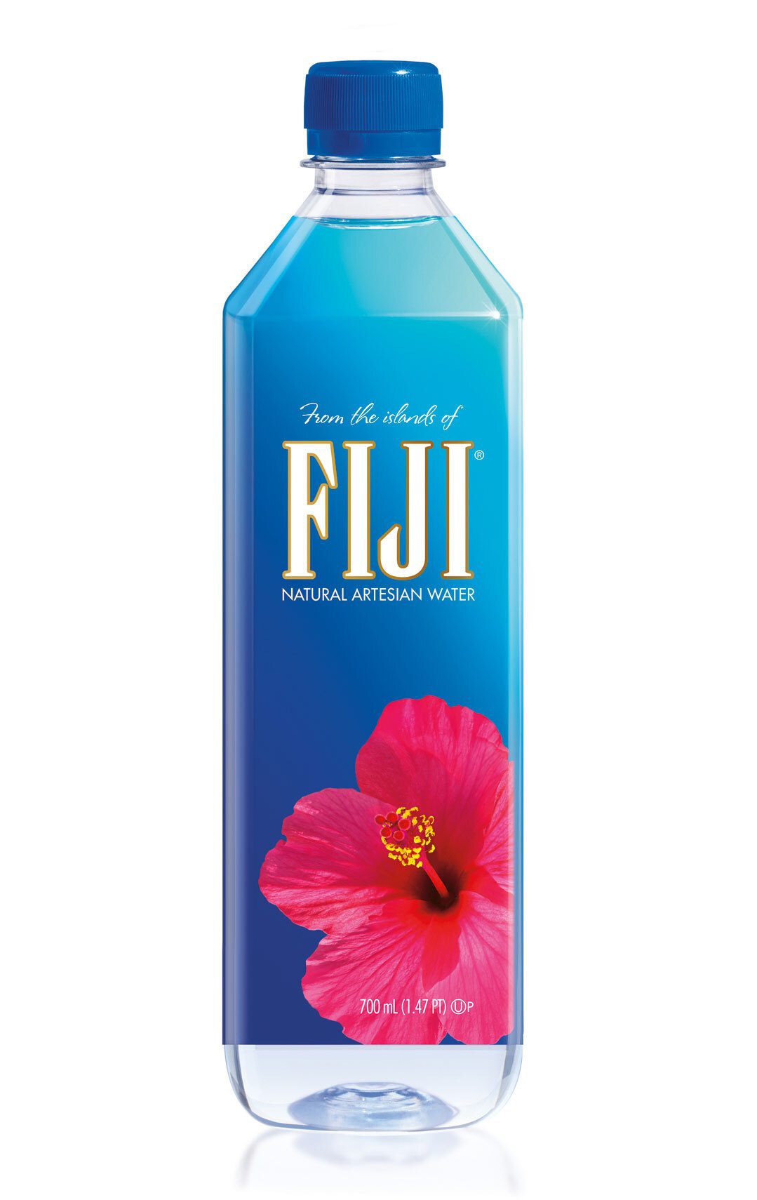 Fiji Water bottle with blue label, red hibiscus, and "FIJI NATURAL ARTESIAN WATER" text.