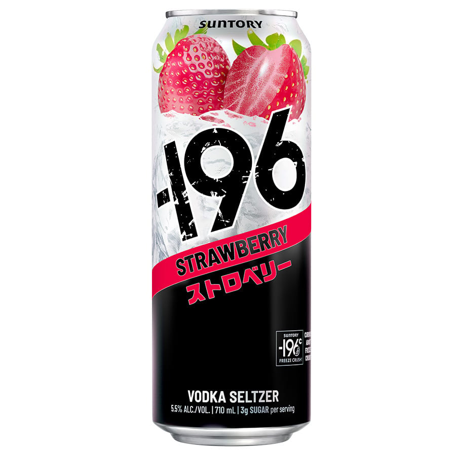 A can of Suntory -196 Strawberry Vodka Seltzer with strawberries on a white background.