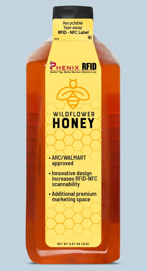 Honey bottle with PHENIX RFID label detailing tear-away RFID-NFC features.