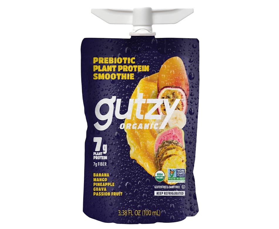 Dark purple Gutzy Organic Prebiotic Plant Protein Smoothie pouch with tropical fruit imagery.