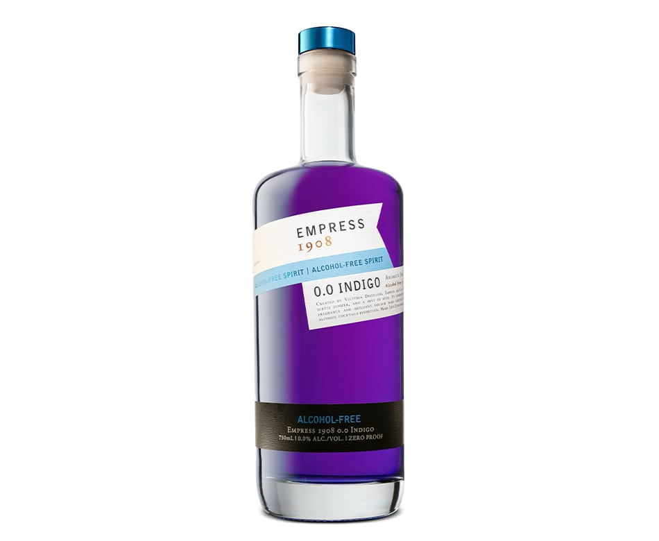 Purple bottle of Empress 1908 0.0 Indigo alcohol-free spirit.