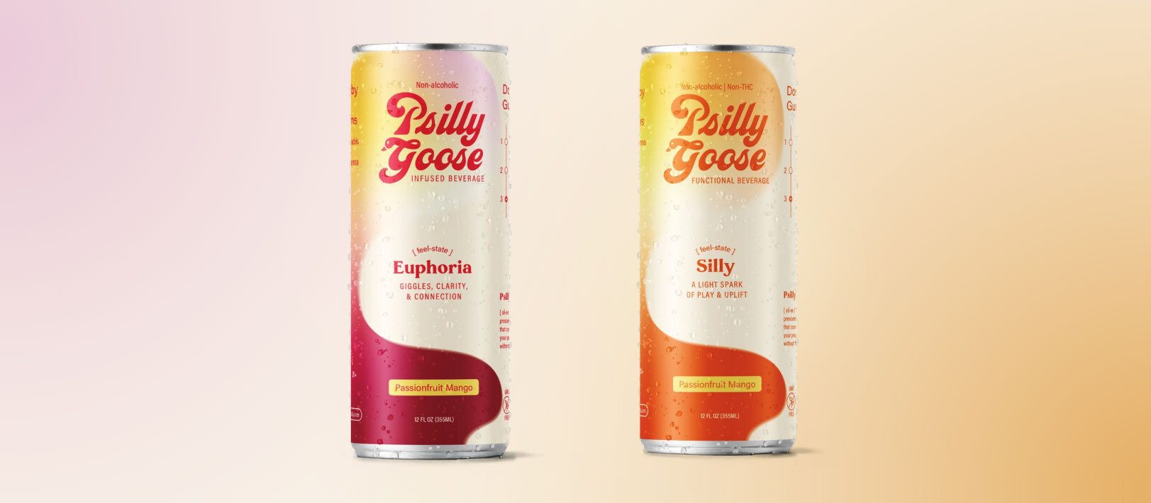 Two Psilly Goose non-alcoholic cans: Euphoria (red) and Silly (orange) Passionfruit Mango.