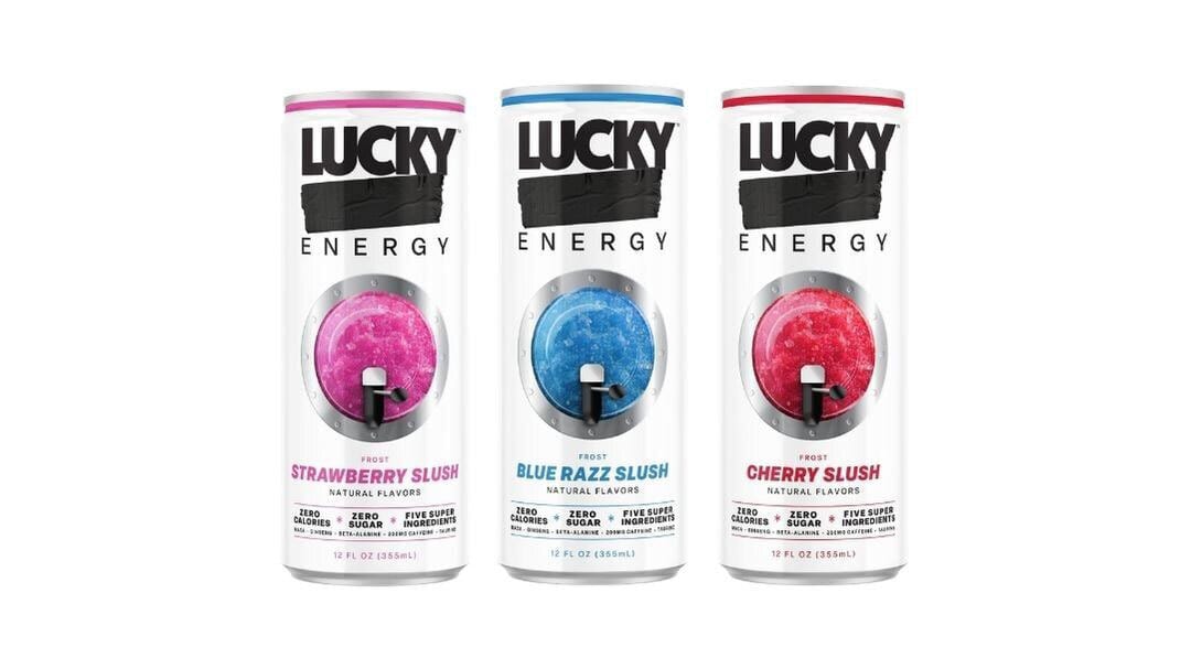 Three Lucky Energy slush drinks: strawberry, blue razz, and cherry flavors, all zero calorie and sugar.