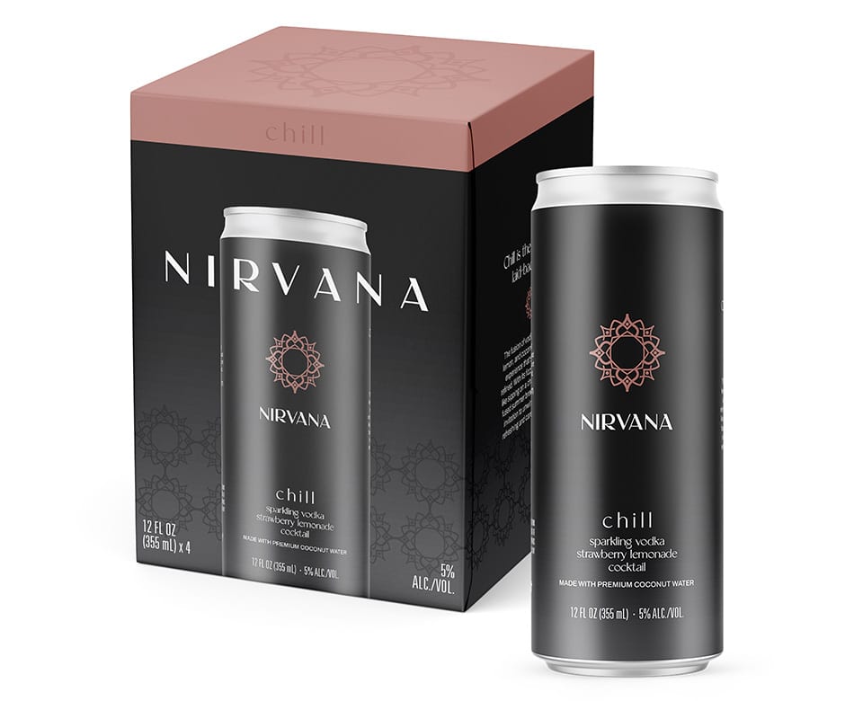 Nirvana Chill sparkling vodka strawberry lemonade cocktails in a box and single can.