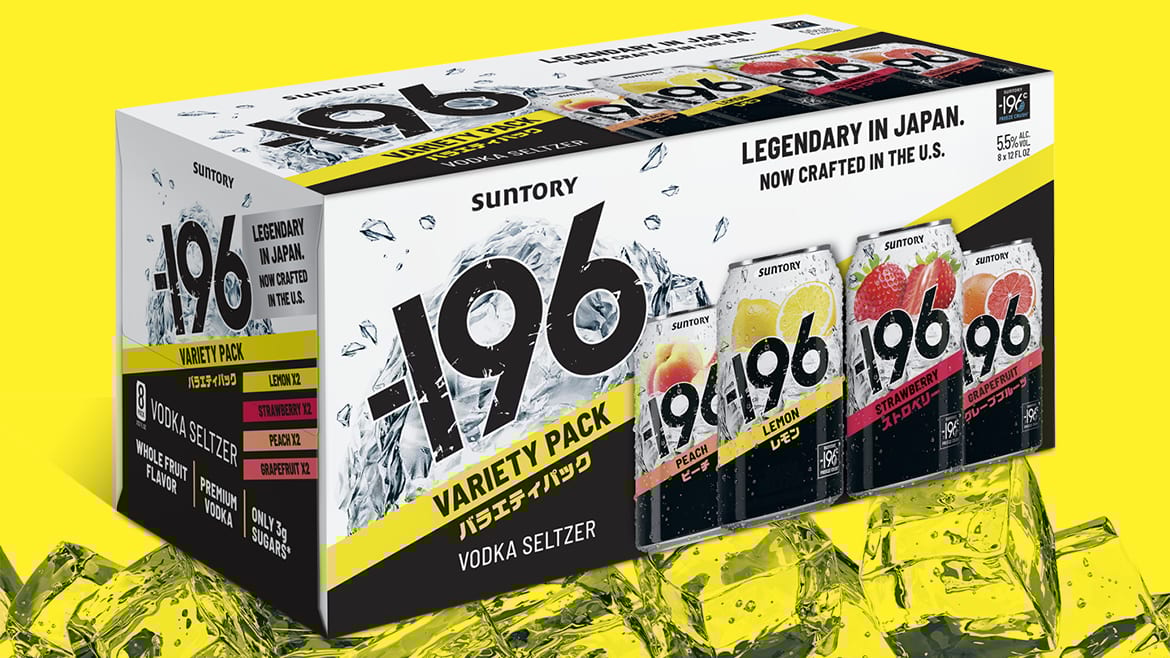 Suntory -196 Vodka Seltzer variety pack featuring Peach, Lemon, Strawberry, and Grapefruit flavors.