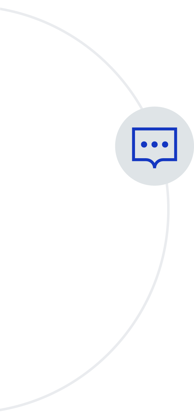 Abstract design: Green, white curves, gray circle, blue chat bubble with ellipsis.