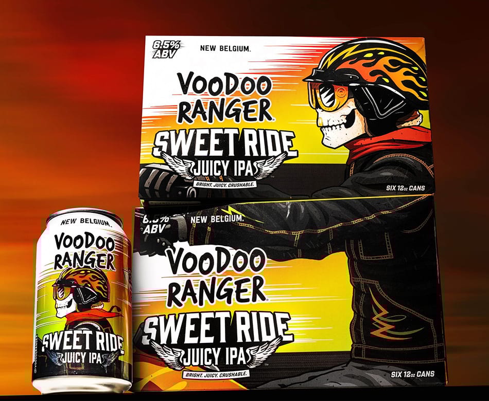A Voodoo Ranger Sweet Ride Juicy IPA can and two stacked cases, featuring a skeleton in a helmet.
