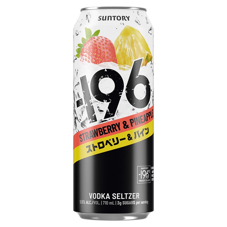 A can of Suntory -196 Vodka Seltzer Strawberry & Pineapple, featuring fruit graphics and text.