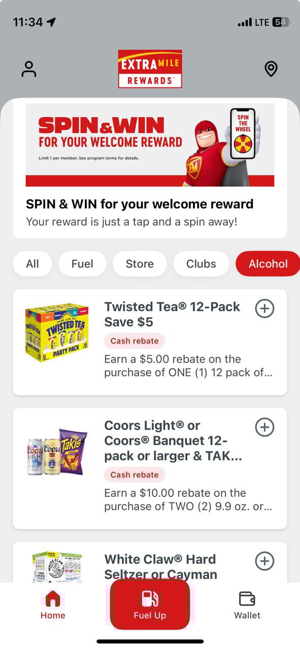 ExtraMile Rewards app with a 'Spin & Win' welcome offer and alcohol rebates for Twisted Tea, Coors Light.