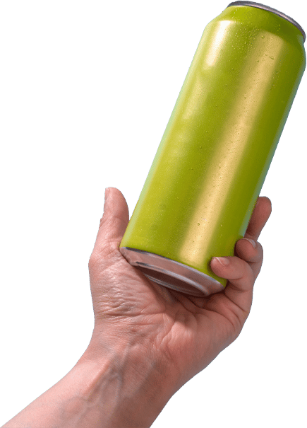 Hand holding a green can with condensation.