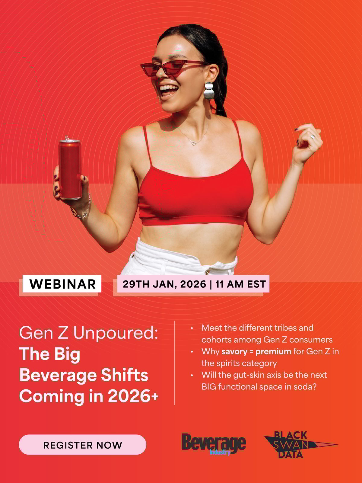 Webinar promo: Gen Z beverage trends, featuring a smiling woman in red holding a beverage can.