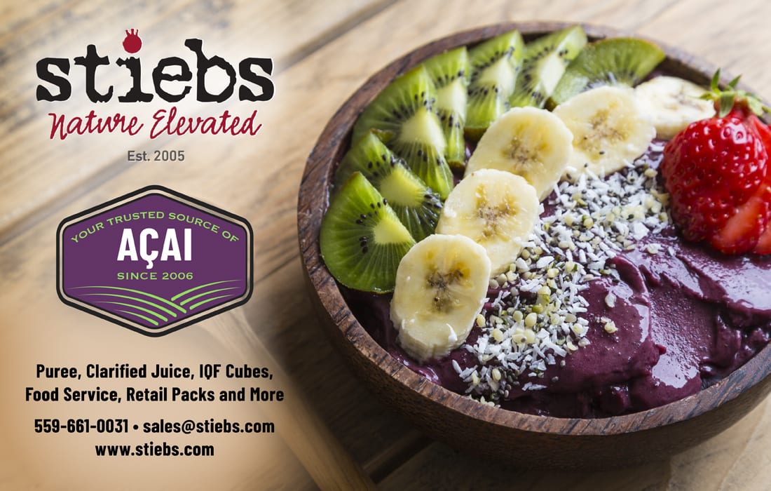 An acai bowl with kiwi, banana, strawberry, seeds, next to Stiebs logo and acai product info.
