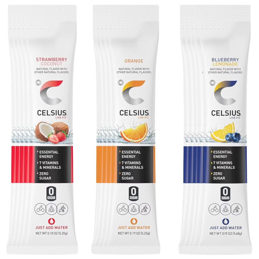 Three Celsius Live Fit powder packets: Strawberry Coconut, Orange, and Blueberry Lemonade flavors.