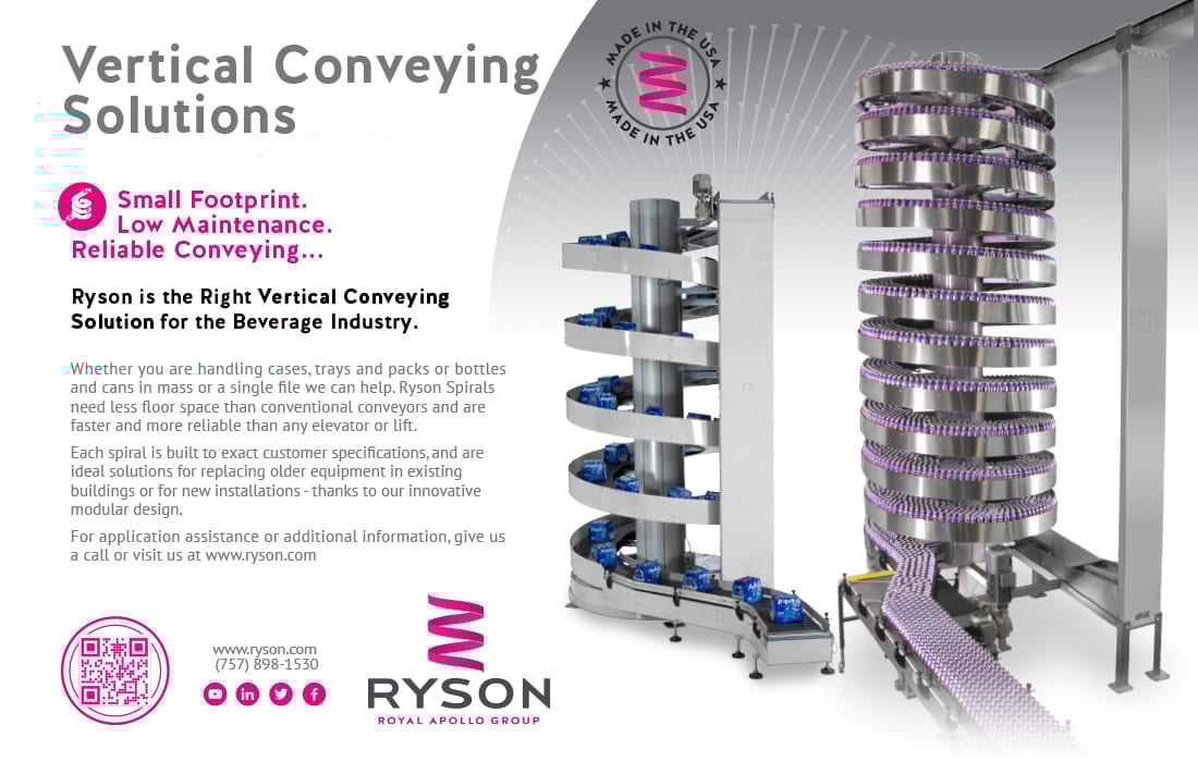Two Ryson spiral conveyors moving beverage products, highlighting vertical conveying solutions.