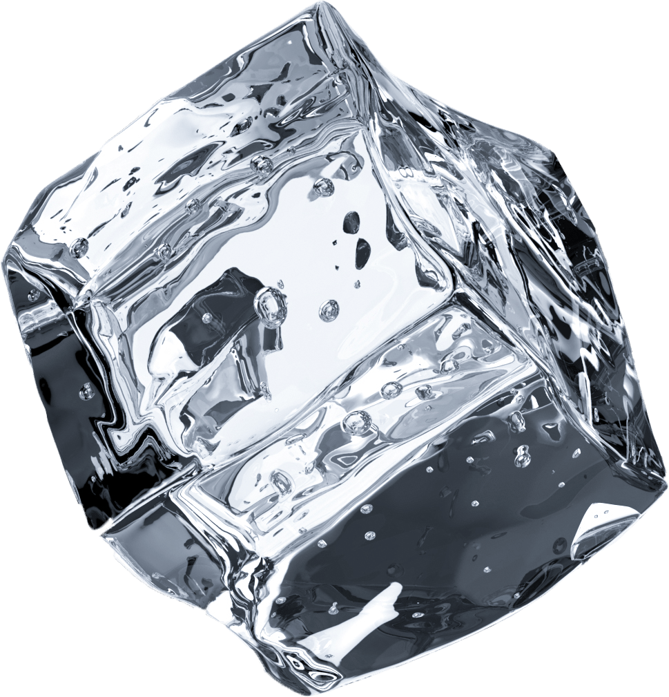 A clear, irregularly shaped ice cube with small air bubbles visible inside, set against a solid background.