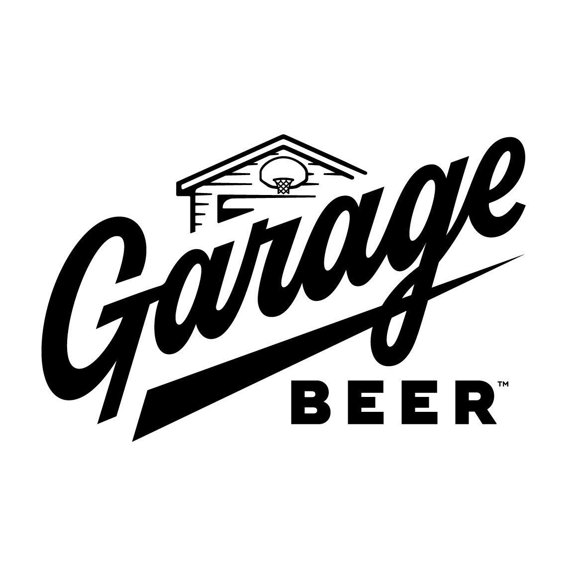 Logo for Garage Beer, featuring 'Garage' in script with a garage roof and basketball hoop, and 'Beer' in bold.