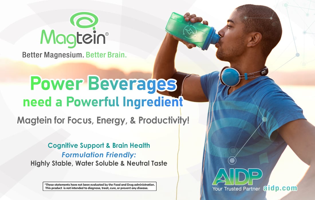 Ad for Magtein: Man drinking from bottle, promoting ingredient for focus, energy, and brain health.