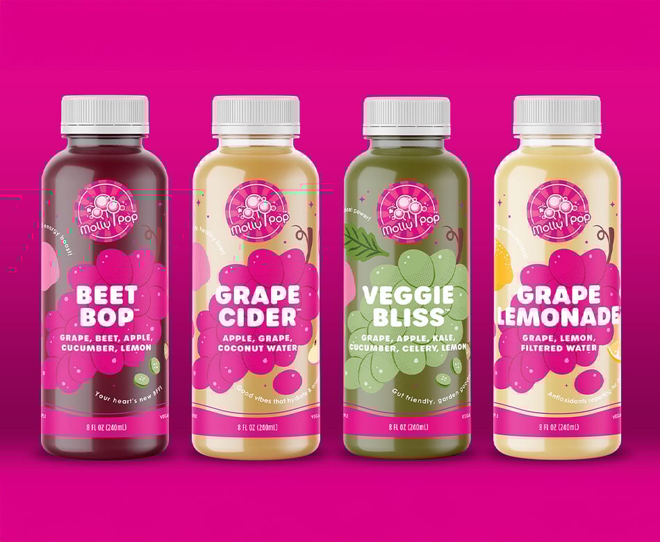 Four "Molly Pop" juice bottles: Beet Bop, Grape Cider, Veggie Bliss, and Grape Lemonade.