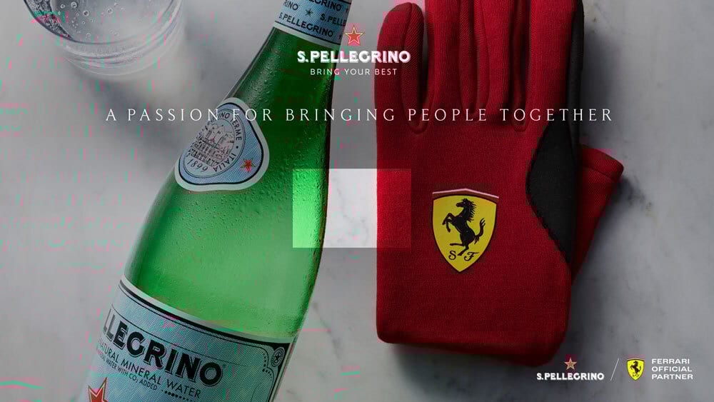 S.Pellegrino bottle, Ferrari glove, Italian flag, and text: 'A PASSION FOR BRINGING PEOPLE TOGETHER'.