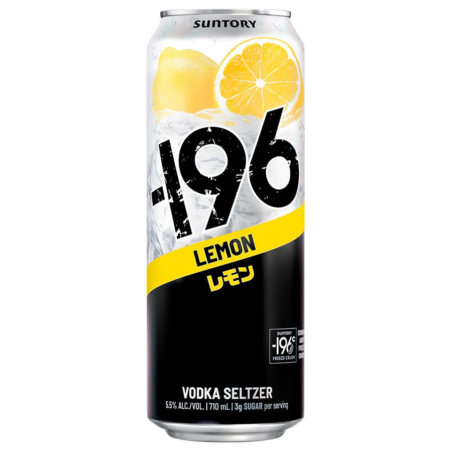 A white, black, and yellow can of Suntory -196 Lemon Vodka Seltzer with lemons and ice.