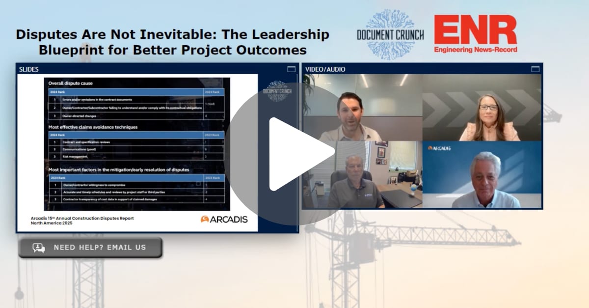 Webinar on construction disputes showing Arcadis report data, 4 speakers, and a play button.