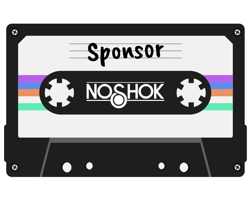 A retro cassette tape with "Sponsor" and "NOSHOK" labels, featuring colorful stripes and screw details.