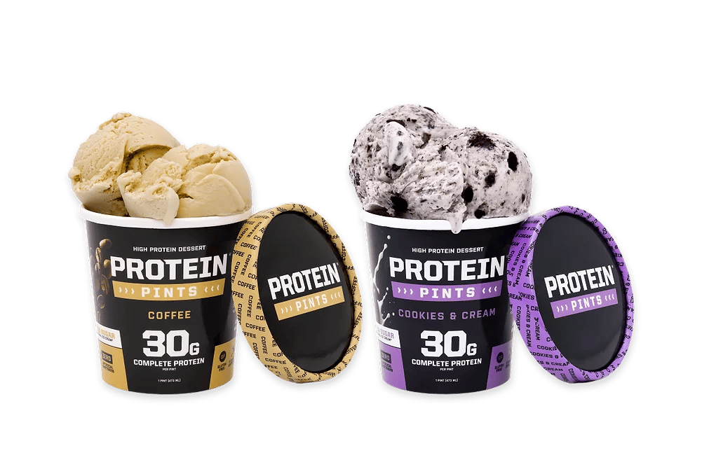 Two Protein Pints: Coffee and Cookies & Cream ice cream, each with 30g protein.