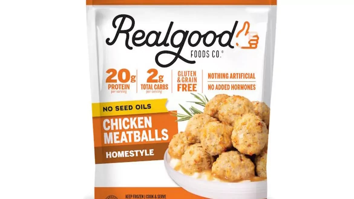 Realgood Chicken Meatballs bag: 20g protein, 2g carbs, gluten/grain-free, no seed oils.