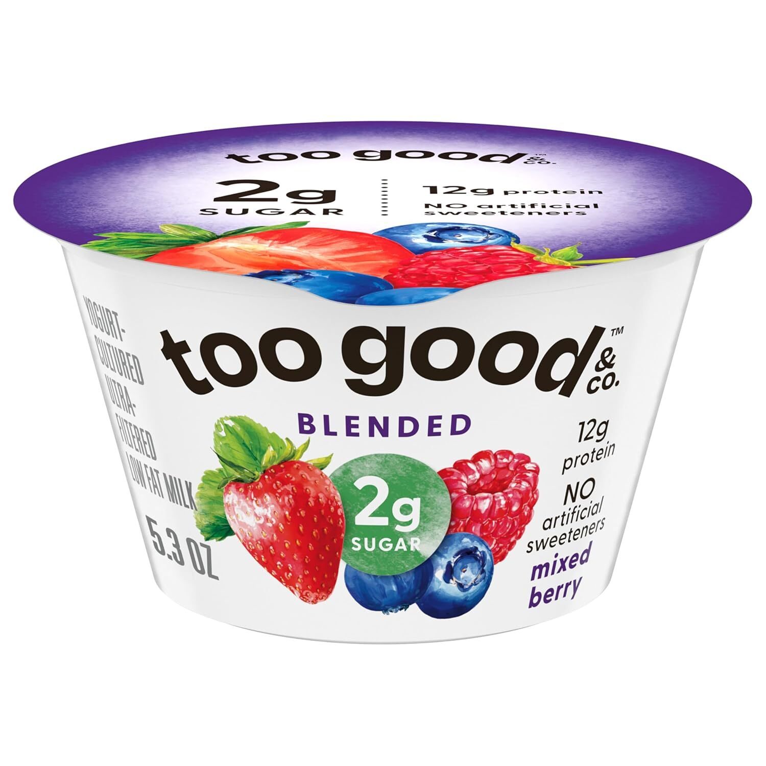 Too Good & Co. mixed berry yogurt cup with 2g sugar and 12g protein.