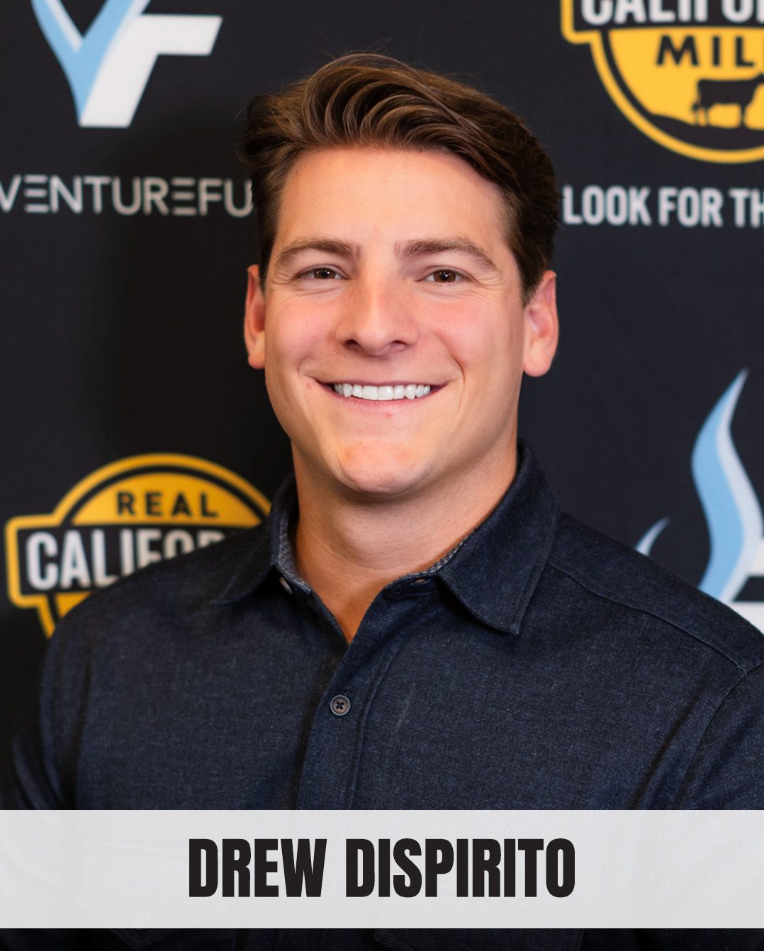 A smiling man, Drew Dispirito, in a professional headshot against a dark background with logos.