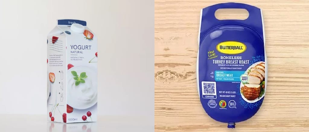 A carton of natural yogurt and a blue package of Butterball boneless turkey breast roast.