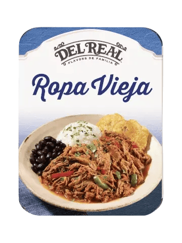 DEL REAL Ropa Vieja meal with rice, black beans, and plantains.
