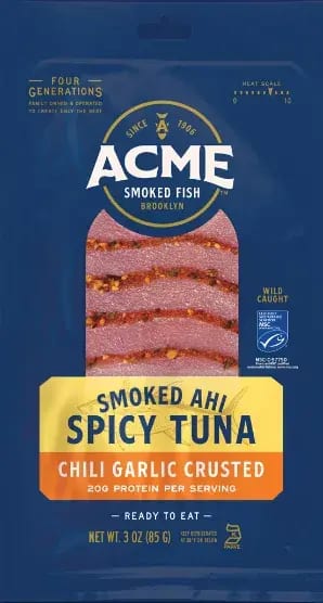 ACME Smoked Ahi Spicy Tuna, Chili Garlic Crusted, 3 oz package.